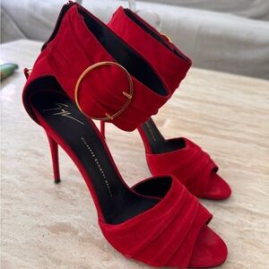 Giuseppe Zanotti Red Suede Heels with Gold Accent